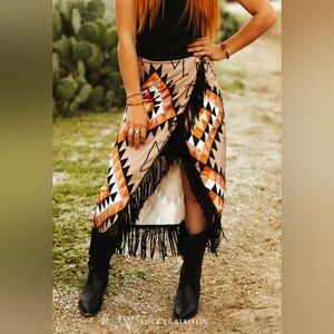 Lucky & Blessed Geometric Fringe Midi Skirt - Black, Orange, Cream